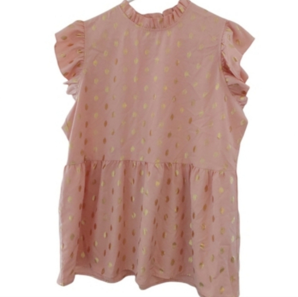 Pink Metallic Gold Dot Peplum Blouse Size XL Softgirl Romantic Feminine